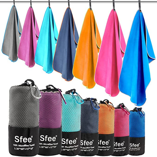 Sfee 2 Pack Microfiber Travel Towel, Quick Dry Towel Camping Towels, Super Absorbent Compact Lightweight Sport Towel Soft Striped Beach Towel for Pool, Bath, Travel, Hiking, Gym, Yoga, Backpacking